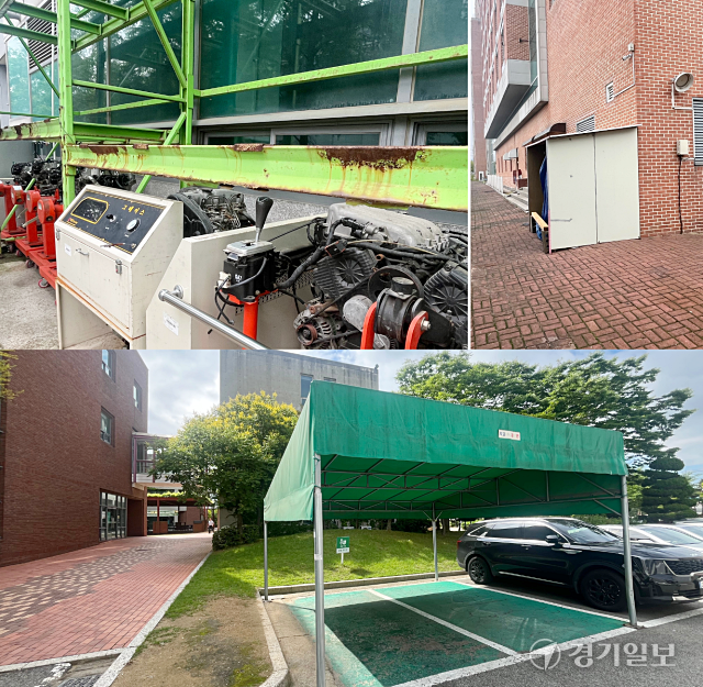 시흥 정왕동 경기과학기술대 캠퍼스에 각종 불법 시설물들이 설치돼 운영되면서 학생 안전을 위협하고 있다. 김형수기자