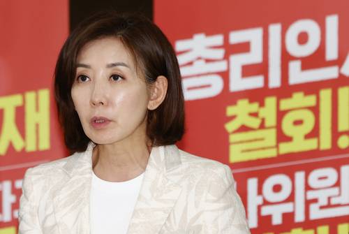 나경원 국민의힘 의원이 지난달 30일 서울 여의도 국회 로텐더홀 앞에서 김민석 국무총리 지명 철회 촉구 농성 4일차 기자회견을 하고 있다. [사진출처=뉴스1]
