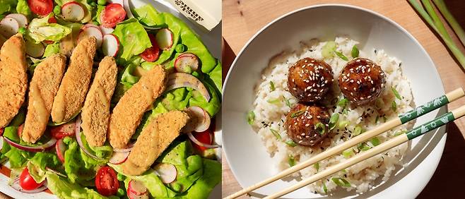 잭푸르트로 만든 치킨너깃(왼쪽), 코리안 바비큐 미트볼 [Jack & Annie’s 홈페이지]