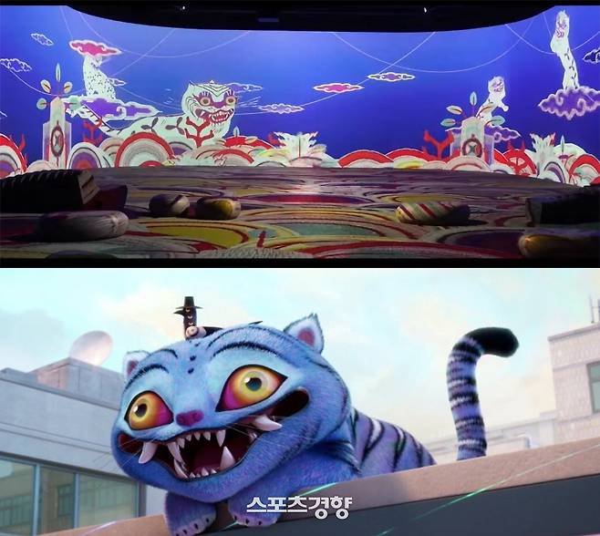 디지털실감영상관 ‘어흥, 호랑이-용맹하게, 신통하게, 유쾌하게’ 전경과 ‘케이팝 데몬 헌터스’에 등장하는 더피와 수지 캐릭터. 국립중앙박물관 및 넷플릭스 제공