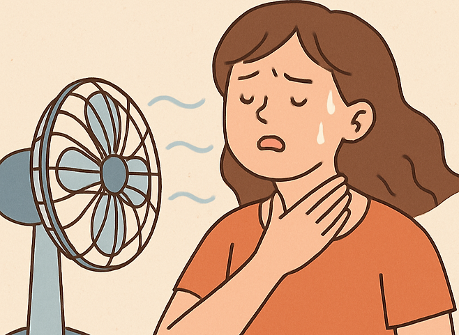 선풍기를 쐬며 목이 건조해 하는 여성