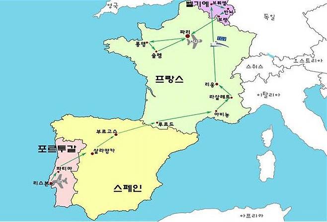 성지순례단이 포르투갈의 리스본에서 시작해 프랑스 파리까지 성지순례한 곳을 기록한 지도.