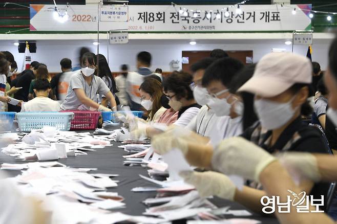 2022년 6월 제8회 전국동시지방선거 개표가 진행된 대구 한 중학교 개표소의 모습. 영남일보DB