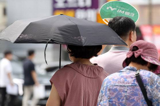 폭염이 일주일 넘게 이어진 지난 4일 오후 대구 수성구 달구벌대로에서 시민들이 양산과 부채로 뙤약볕을 가리고 있다.(사진=뉴스1)