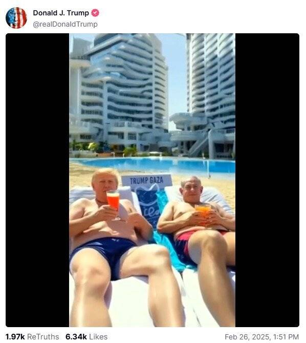 도널드 트럼프 미국 대통령이 2월 25일(현지시간) 자신의 트루스소셜 계정에 올린 가자지구 관련 인공지능(AI) 영상. <출처=도널드 트럼프 트루스소셜 계정 갈무리>