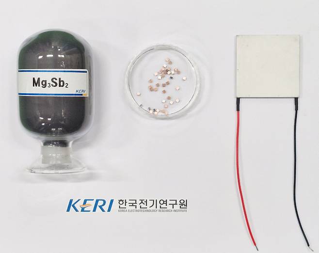 (왼쪽부터) 마그네슘 안티모나이드, 금속화 공정을 통해 접합된 열전반도체와 전극, 이를 활용해 제작한 열전발전 모듈 시제품./한국전기연구원