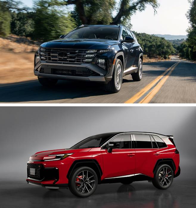 현대차 투싼 하이브리드(위쪽), 도요타 RAV4.
