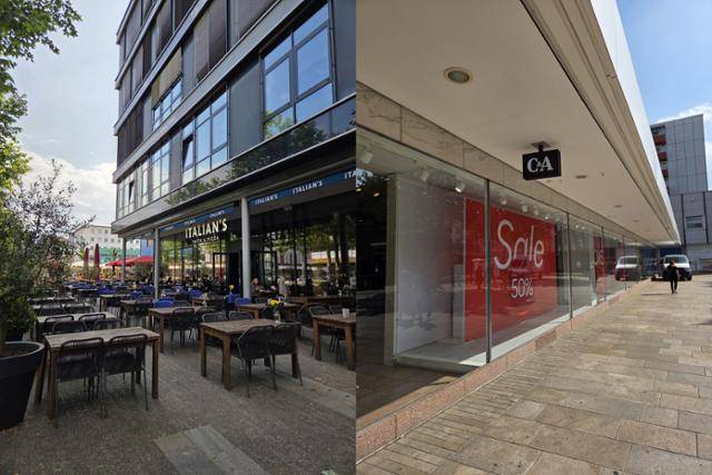 날씨 좋은 오후에도 한산한 볼프스부르크의 식당(왼쪽)과 대형 의류매장. 볼프스부르크=정승임 기자