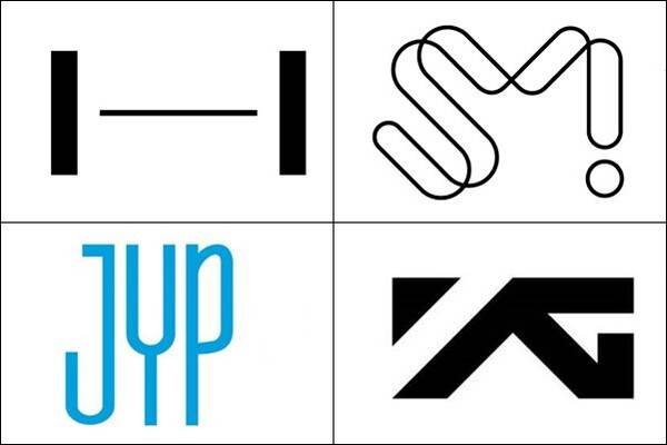 하이브, SM엔터테인먼트, JYP엔터테인먼트, YG엔터테인먼트 로고.