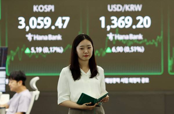 코스피가 5.19p(0.17%) 오른 3059.47에 장을 마감한 7일 서울 하나은행 본점 딜링룸의 모습. 연합뉴스