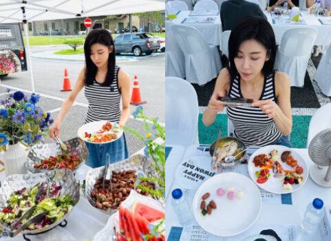 배우 하지원이 팬들이 준비한 생일 밥차를 즐기고 있다. / 하지원 개인 인스타그램
