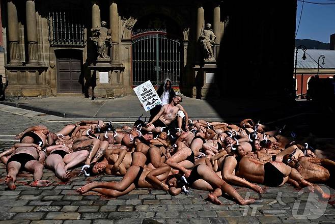 5일(현지시간) 스페인 팜프로나에서 열릴 산 페르민 축제를 앞두고 옷을 벗은 동물보호단체 활동가들이 몸에 피를 묻힌채 '엔시에로'와 투우 경기를 반대하는 시위를 하고 있다.ⓒ AFP=뉴스11