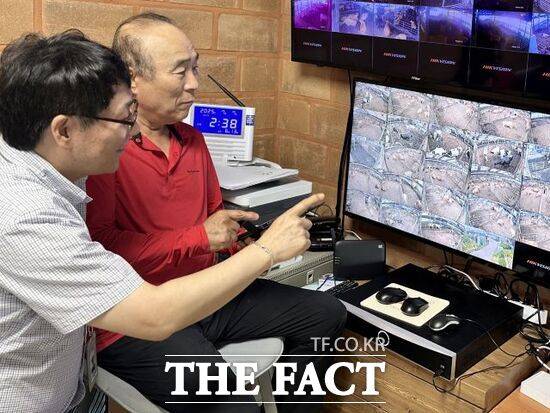 경기 포천시 농업기술센터 관계자와 한우 지능형 농장(스마트팜) 번식관리 시스템 시범 보급 사업 시범 사업 농가 관계자가 축사 내 설치된 CCTV에 찍힌 화면을 살펴보고 있다. /포천시