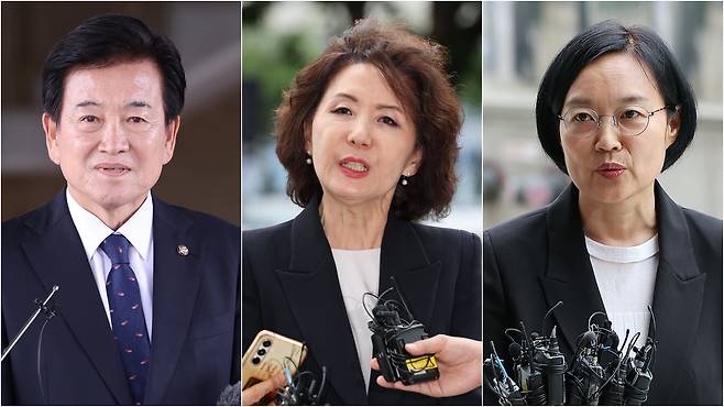 정동영 통일부 장관 후보자, 이진숙 교육부 장관 후보자, 한성숙 중소벤처기업부 장관 후보자(왼쪽부터)