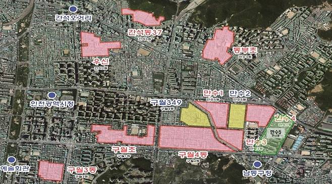 인천 남동구에 만수주공아파트 등 아파트 재건축 7곳과 재개발 2곳 등 재개발을 잇달아 추진하고 있다. 사진은 남동구 재개발사업 후보지 위치도. 인천남동구 제공.