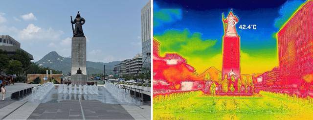 서울 한낮 기온이 37.7도까지 오른 8일 열화상카메라로 촬영한 서울 광화문 광장. 이순신 장군상 온도가 42.4도까지 기록한 모습이다. 최주연 기자