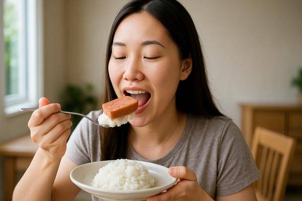 건강을 위해서는 흰쌀밥 위에 스팸을 올려 먹는 습관은 피하는 게 좋다./사진=AI 생성 이미지