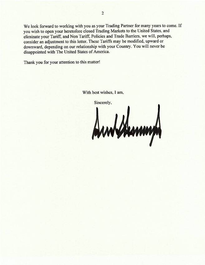 트럼프 대통령이 7일 한국에 보낸 서한. /트루스소셜