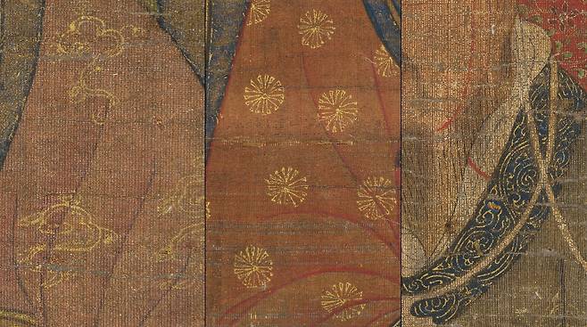 등장 인물의 의복과 배경에 그려진 운문, 소국화문, 당초문의 모습. 고려 불화의 화풍을 보여준다.   국가유산청 제공