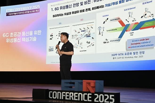 'ETRI 컨퍼런스 2025'에서 6G 초공간 통신을 위한 위성통신 핵심기술을 발표하는 이문식&nbsp;ETRI&nbsp;위성통신연구본부장.&nbsp;ETRI&nbsp;