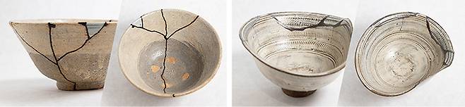 왼쪽처럼 완전 다른 조각으로 수리하는 방식을 ‘요비츠기’, 오른쪽처럼 비슷한 조각을 맞춰넣어 수리하는 방식을 ‘토모츠기’라 부른다. <기물 제공: 이도옥션 사진: 윤관식 매경이코노미 기자>