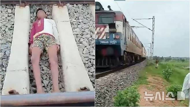 [서울=뉴시스]인도에서 12세 소년이 달리는 열차가 지나가는 철로 위에 눕는 아찔한 장면을 촬영해 SNS에 올렸다가 경찰에 붙잡혔다. (사진=X) 2025.7.6.