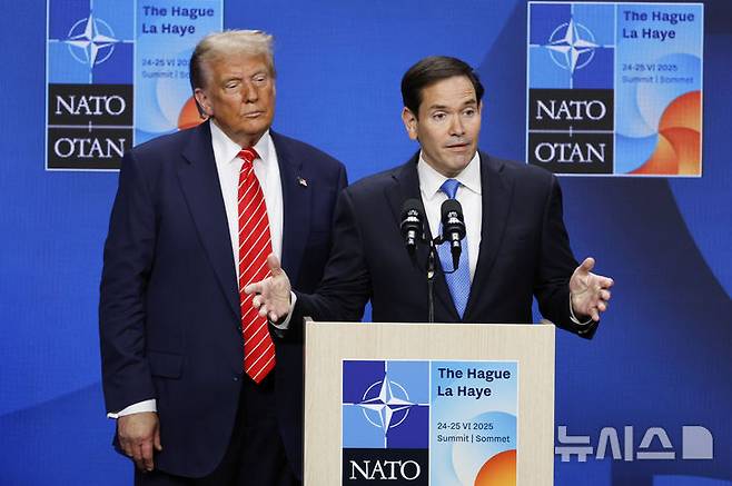 [헤이그=AP/뉴시스]마코 루비오 미 국무장관이 25일(현지시각) 북대서양조약기구(NATO) 정상회담 뒤 기자회견에서 발언하고 있다. 2025.6.26.