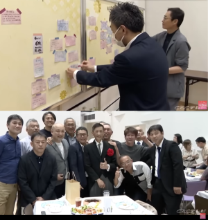 히가시가와씨가 지난 4월 ‘감사제’라는 이름으로 개최한 생전장례에 참석한 지인들이 주인공에게 전하는 메시지를 작성해 게시판에 붙이고 있고(위), 히가시가와씨가 참석자들과 함께 기념 사진을 찍고 있다./CBC테레비 유튜브