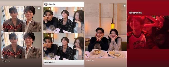 그룹 방탄소년단 멤버 뷔(왼쪽)가 배우 수지, 박보검과 프랑스 파리에서 열린 패션쇼에 참석한 모습을 공개했다. 뷔 인스타그램 계정