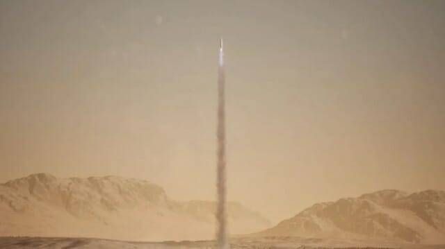 록히드 마틴이 제안한 화성 탐사선(MAV)이 착륙선에서 수집한 화성 샘플을 퍼서비어런스 로버에 실어 발사하는 모습을 상상한 이미지 (출처=록히드 마틴)