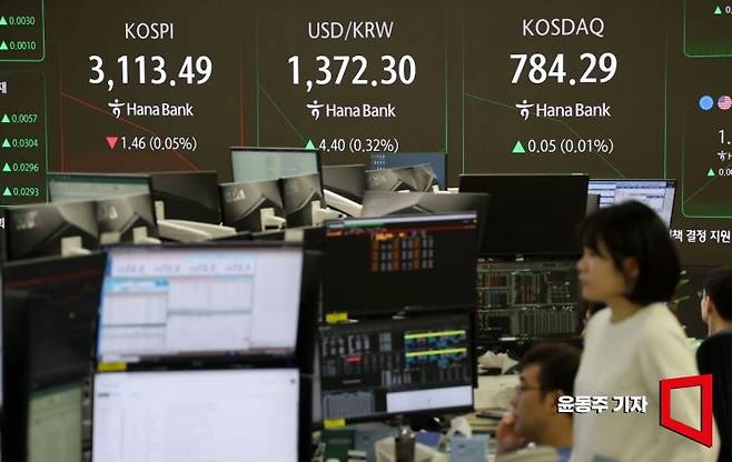 코스피지수가 3,110선에서 숨고르기에 들어가며 보합세로 장을 시작한 8일 서울 중구 하나은행 딜링룸에서 딜러들이 바쁘게 움직이고 있다. 2025.07.09 윤동주 기자