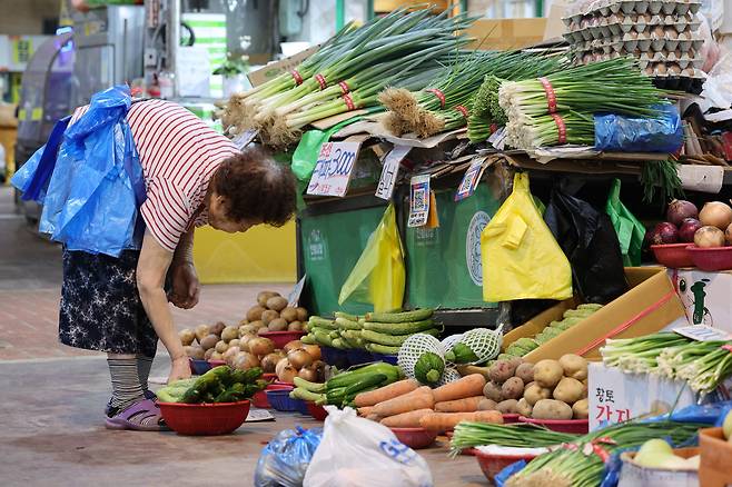 이재명 대통령이 국회에서 제2차 추가경정예산(추경)안 시정연설을 한 26일 서울의 한 전통시장에서 한 상인이 비닐봉투를 허리에 두른 채 장사 준비를 하고 있다./뉴스1