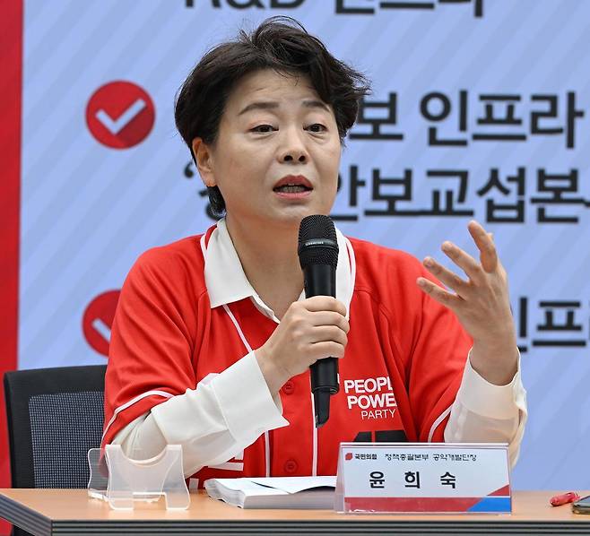 윤희숙 국민의힘 정책총괄본부 공약개발단장이 18일 서울 여의도 중앙당사에서 김문수 대통령 후보의 경제 공약 발표 관련 취재진 질문에 답하고 있다. (공동취재) 2025.5.18/뉴스1