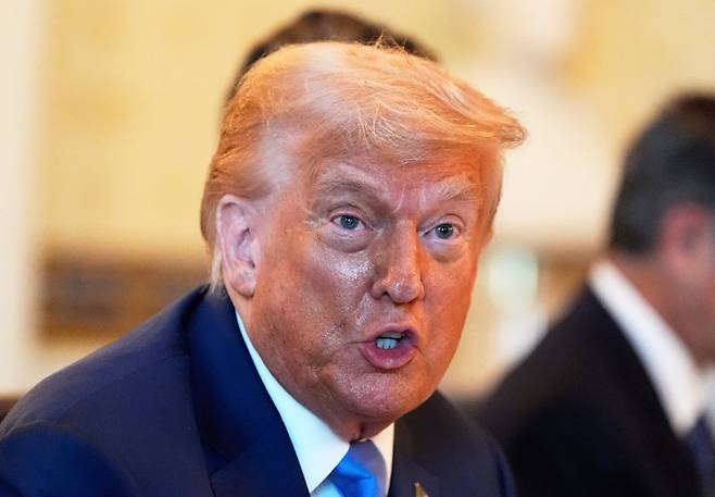 7일(현지 시간) 미국 백악관에서 도널드 트럼프 대통령이 베냐민 네타냐후 이스라엘 총리와의 정상회담에서 발언하고 있다. 이날 트럼프 대통령은 상호관세 유예 시한을 9일에서 다음 달 1일로 연장하는 행정명령에 서명하고, 한국 일본 등 14개국에 보내는 ‘관세 서한’을 공개했다. 워싱턴=AP 뉴시스