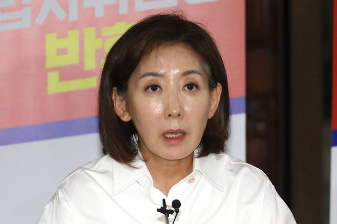 지난 2일 나경원 국민의힘 의원이 서울 여의도 국회 로텐더홀에서 향후 대여 견제 행동계획 등을 밝히는 기자회견을 하고 있다. /사진=뉴스1