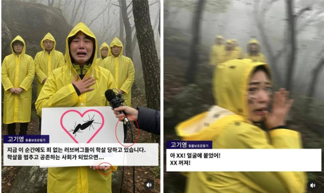 7일 AFP 팩트체크 코리아가 "인공지능(AI)으로 제작된 풍자물이 실제 인터뷰로 오인돼 확산하고 있다"며 공개한 두 장의 사진. 왼쪽 사진 중 '전선이 두 개 달린 마이크'(오른쪽 빨간색 원)와 '여섯 개 이상 손가락'(아래 빨간색 원)은 AI 합성물에서 나타나는 전형적 오류라는 게 AFP의 분석이다. 오른쪽 사진에선 '배경 속 사람 수'와 '나무 모습 등이 갑자기 바뀌는 점'도 짚었다. AFP 팩트체크 코리아 홈페이지 캡처