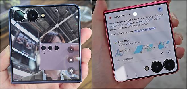갤럭시 Z플립7은 커버 스크린 ‘플렉스 윈도’의 베젤을 줄여 화면이 꽉 찬다. 왼쪽은 셀카 모드, 오른쪽은 제미나이가 길을 묻는 질문에 답변을 내놓은 모습. 노도현 기자