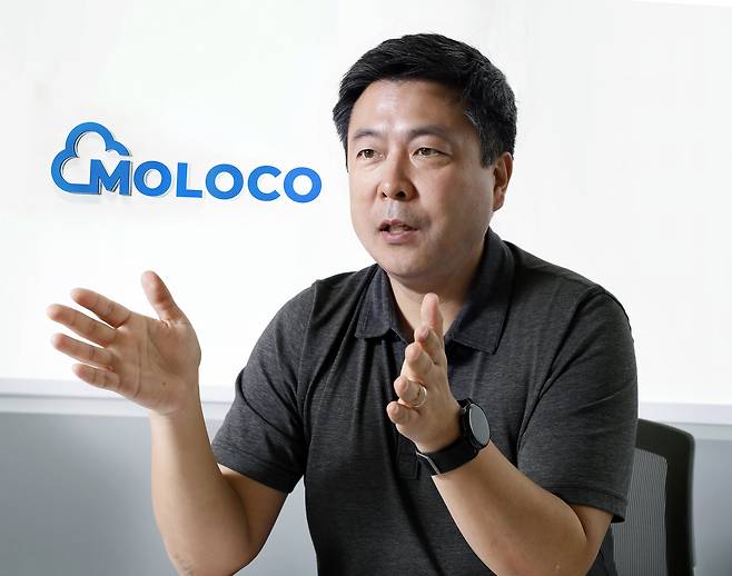 Moloco CEO and co-founder Ahn Ikjin speaks during an interview with the Korea JoongAng Daily at Moloco Korea's office in Gangnam District, southern Seoul, in June. [PARK SANG-MOON]