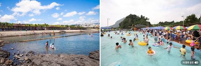 논짓물(왼쪽)과 화순금모래 담수풀장(오른쪽) / 사진=제주관광공사