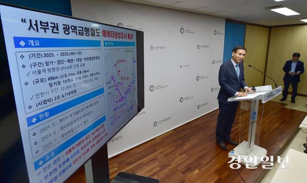 황효진 글로벌도시정무부시장이 10일 오후 인천시청 브리핑룸에서 서부권 광역급행철도 사업 예비타당성조사 통과와 관련해 기자회견을 하고 있다. 2025.7.10 /조재현기자 jhc@kyeongin.com