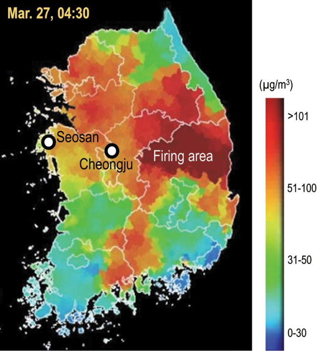 실시간 대기오염정보를 제공하는 빅데이터 플랫폼 앱(Kweather)을 통해 확인한 지난 3월 27일 오전 4시 30분 시점의 전국 미세먼지 농도 분포 현황이다. 산불 영향권 지역을 중심으로 미세먼지 농도가 급격히 증가했음을 시각적으로 보여주며, 산불로 인한 대기질 악화가 광범위하게 발생했음을 의미한다. 마창진‧강공언 연구팀