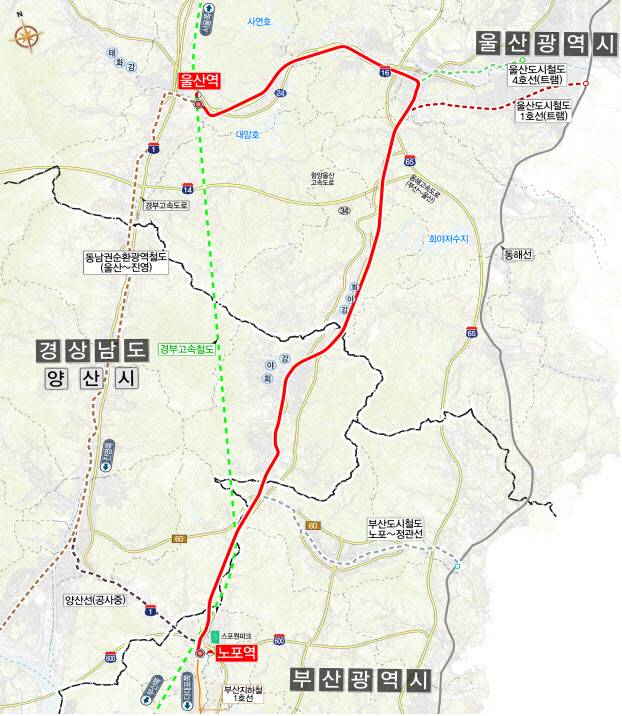 부산·양산·울산 광역철도 사업개요 및 위치도. 단, 예타단계에서 검토된 노선(안)으로 향후 기본계획 수립, 실시설계 등을 거쳐 구체적인 노선 및 정거장 등이 결정될 계획이다. (사진=국토교통부)