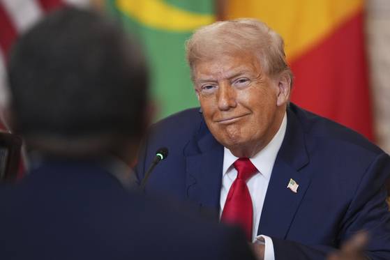 도널드 트럼프 미국 대통령이 9일(현지시간) 백악관에서 아프리카 정상들과 오찬을 하며 미소를 짓고 있다. AP=연합뉴스