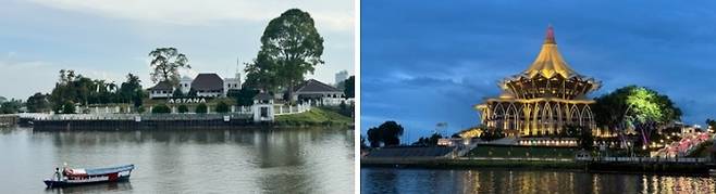 사라왁 주지사가 살고 있는 아스타나(왼쪽)와 사라와주 입법부 건물 야경 / 사진=홍지연 여행+ 기자