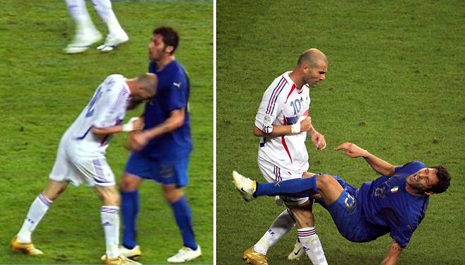 2006 독일월드컵 이탈리아 대 프랑스 결승전에서 프랑스의 지네딘 지단(왼쪽)이 이탈리아 마르코 마테라치(오른쪽)의 가슴을 박치기해 레드카드를 받고 퇴장당했다. 해당 경기는 지단의 은퇴 경기이기도 했다. /AFPNews=뉴스1