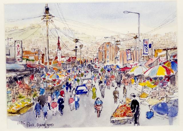 박병주, ‘서울특별시 도시경관 특징 기록화 (성북구 길음동 노점상)’, 1995, 25×34cm, 종이에 펜, 수채, 서울시립미술관 소장.