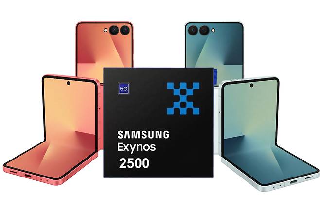 삼성전자 모바일 AP(애플리케이션 프로세서) ‘엑시노스2500’(가운데)가 탑재된 갤럭시Z플립 7  [삼성전자 제공]