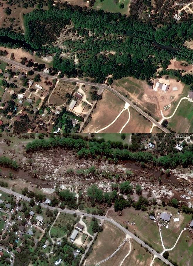 과달루페 강 유역에 늘어선 수많은 나무들이 갑작스러운 홍수로 초토화됐다. 사진 위는  2023년 6월, 아래는 홍수로 피해를 입은 후인 지난 8일 모습. AFP-Satellite image ©2025 Maxar 제공