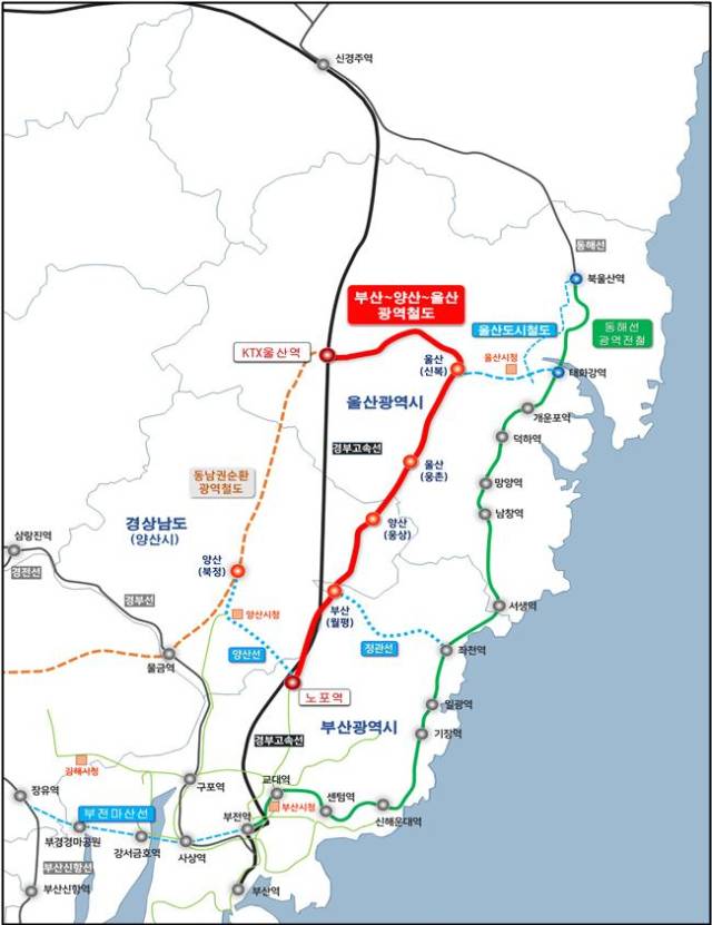 부산~양산~울산 광역철도 노선도(안). 사진제공=부산시