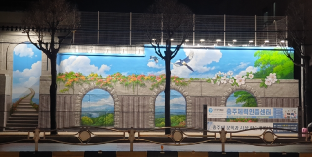 충주시 교현2동 옛 우암정사 외벽면에 조성된 평화를 상징하는 벽화가 밝은 색감으로 그려져 있어 야간에도 지나가는 시민들에게 포근한 분위기를 전하고 있는 모습이다.사진=김의상 기자